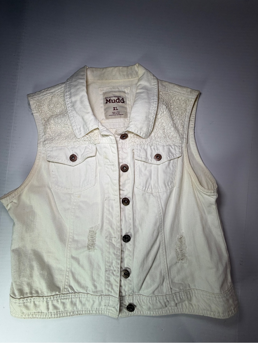 Mudd Women's Cream Lace-Yoke Denim Vest